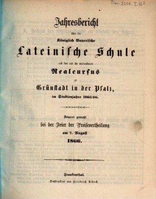 Jahresbericht über die Königl.-Bayerische Lateinische Schule zu Grünstadt in der Pfalz : im Studienjahre ..., 1865/66