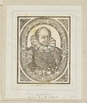 Bildnis Herzog Friedrich V., erstmals erschienen in: Erhard Cellius, "Warhaffte Beschreibung zweyer Raisen [...]", Tübingen 1603, S. 4