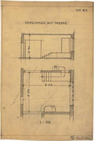 Pfann, Paul; Übungsblätter zur Perspektive - Vorzimmer mit Treppe (Grundriss, Längsschnitt)