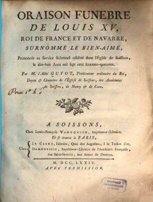 Oraison funebre de Luis XV. Roi de France