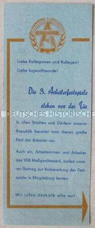Handzettel mit dem Aufruf zur Anfertigung von künstlerischen Arbeiten für die 3. Arbeiterfestspiele