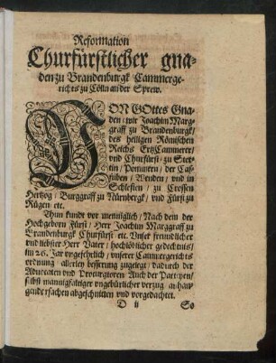 Reformation Churfürstlicher gnaden zu Brandenburgk Cammergerichts zu Cölln an der Sprew.