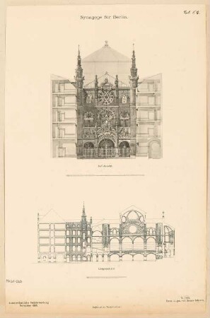 Synagoge, Berlin Monatskonkurrenz Oktober 1888: Aufriss Hofansicht, Längsschnitt; 2 Maßstabsleisten