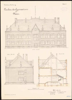Gymnasium, Moers: Aufriss Rückansicht, Seitenansicht, Querschnitt 1:100