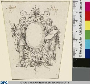 Leeres Schild mit allegorischen Figuren