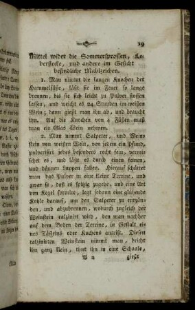 Mittel wider die Sommerprossen, Leberflecke, und andere im Gesicht befindliche Mahlzeichen.