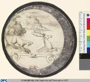 Geschichte des Aktäon, Rundbilder mit silberner Halbmondfassung und Schrifttafeln