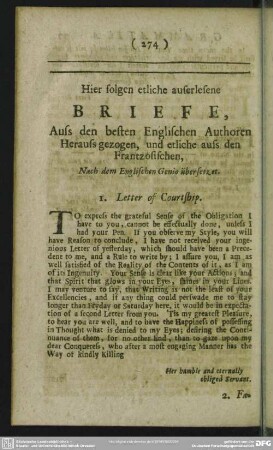 Hier folgen etliche auserlesene Briefe, Auss den besten Englischen Authoren Herauss gezogen, und etliche auss den Frantzösischen