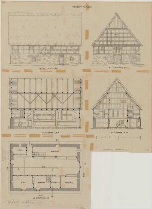 Heggen (Kreis Olpe): Hof Peterschulte. Haupthaus (Grundriss, Ostansicht, Südansicht, Schnitte).