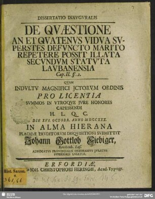 Dissertatio Inauguralis De Quaestione An Et Quatenus Vidua Superstes Defuncto Marito Repetere Possit Illata Secundum Statuta Laubanensia : Cap. II. §. 2.