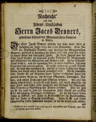 Nachricht von den Lebens-Umständen Herrn Jacob Denners, gewesenen Lehrers der Mennonitischen Gemeine in Altona.
