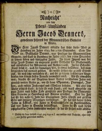 Nachricht von den Lebens-Umständen Herrn Jacob Denners, gewesenen Lehrers der Mennonitischen Gemeine in Altona.