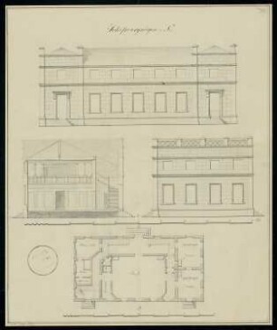 Schützenhaus Monatskonkurrenz Mai 1832: Grundriss Erdgeschoss, Aufriss Vorderansicht, Seitenansicht, Querschnitt; 2 Maßstabsleisten