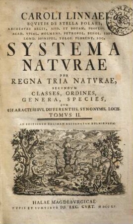 Caroli Linnaei Equitis De Stella Polari, Archiatri Regii, Med. Et Botan. Profess. Upsal. Acad. Upsal. Holmens. Petropol. Berol. Imper. Lond. Monspel. Tolos. Florent. Soc. Systema Naturae : Per Regna Tria Naturae, Secundum Classes, Ordines, Genera, Species, Cum Characteribus, Differentiis, Synonymis, Locis, 2