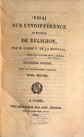 Essai sur l'indifférence en matière de religion, 2