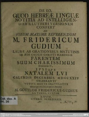 De Eo, Quod Hebreae Linguae Notitia Ad Intelligendam B. Lutheri Versionem Confert ...