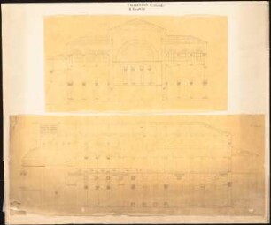 S. Demetrios, Thessaloniki: Durchzeichnung: Querschnitt durch die Kuppel, Längsschnitt, Maßstabsleiste (vermutlich nach Charles Texier und Richard P. Pullan, Pl. XVIII und XIX)