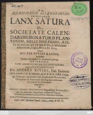 Quaestionum Aliquot Philosophicarum Lanx Satura De Societate Calendarum, Signaturis Plantarum, Melle Sine Fumo, Aetite Resono Ut Et Miltite, Librisque Kiranidon, Aquis, Nitro Et Aliis