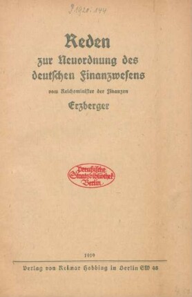 Reden zur Neuordnung des deutschen Finanzwesens