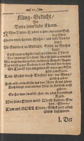 Kling-Gedicht/ An Beede seine liebe Eltern.