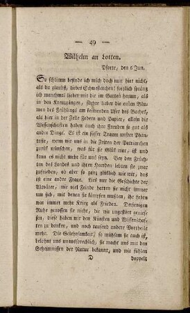 Wilhelm an Lotten. Pforte, den 6 Jun.