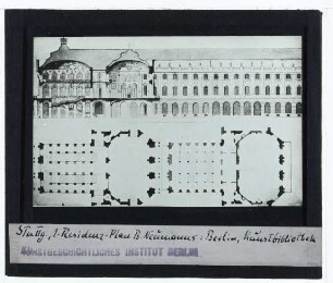 Stuttgart, Neues Schloss,Neumann, Stuttgarter Schloss, Großer Plan, Schnitt und Grundrisse des Treppenhauses (Zeichnung) (Berlin KB Hdz 4758)