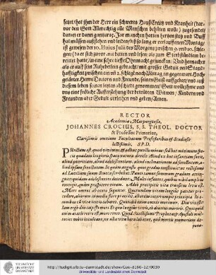Rector Academia Marpurgensis Johannes Crocius, S.S. Theol. Doctor