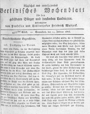 476stes Stück, Sonnabend den 14. Februar 1818