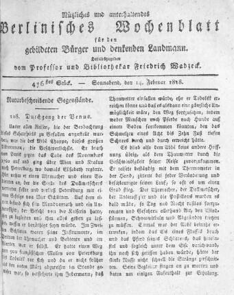 476stes Stück, Sonnabend den 14. Februar 1818