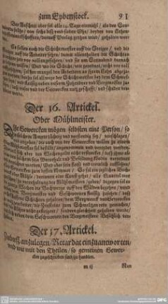 Der 17. Artickel. Zubuß anzulegen/ Retardat einzuantworten/ und wie mit den Theilen/ so gemeinen Gewercken zugeschrieben sind/ zu handeln.