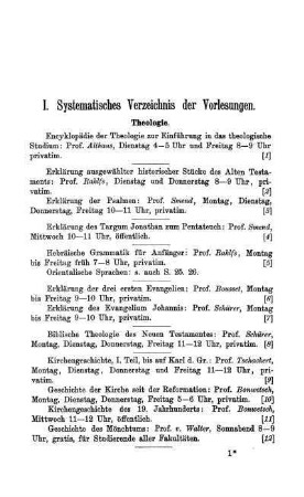 I. Systematisches Verzeichnis der Vorlesungen