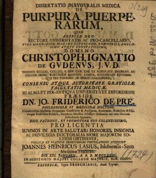 Dissertatio Inavgvralis Medica De Purpura Puerperarum