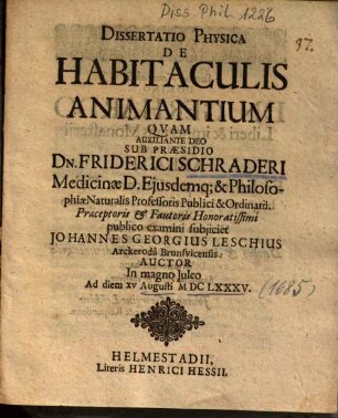 Dissertatio Physica De Habitaculis Animantium