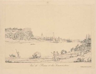 Stadtansicht von Pirna mit dem Sonnenstein und der Marienkirche von Nordosten über die Elbe