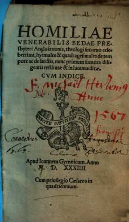 Homiliae Venerabilis Bedae Presbyteri Anglosaxonis, theologi suo æuo celeberrimi, hyemales & quadragesimales de tempore ac de sanctis : Cvm Indice