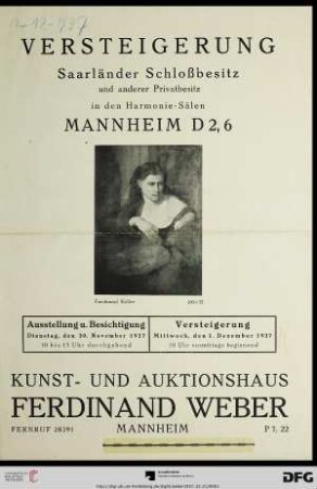 Versteigerung Saarländer Schloßbesitz und anderer Privatbesitz : Versteigerung Mittwoch, den 1. Dezember 1937