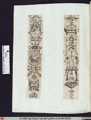 Links: Architektonische Elemente, Grotesken, Ornamente und eine figürliche Darstellung, sowie zwei Vögel. Rechts: Grotesken, Ornamente und eine figürliche Darstellung,sowie verschiedene Tiere.