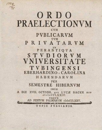 Vorlesungsverzeichnis 1774/75