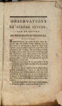 Observations de Jérôme Pétion sur la lettre de Maximilien Robespierre