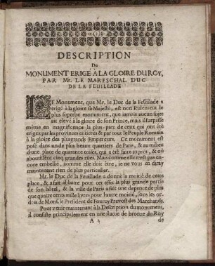 Description Du Monument Erigé À La Gloire Du Roy