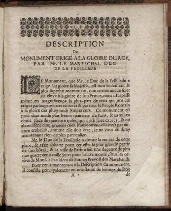 Description Du Monument Erigé À La Gloire Du Roy