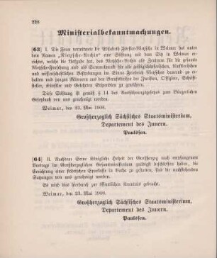 Nr. 63: Ministerialbekanntmachung, betr. die Genehmigung der Stiftung „Nietzsche-Archiv“ in Weimar