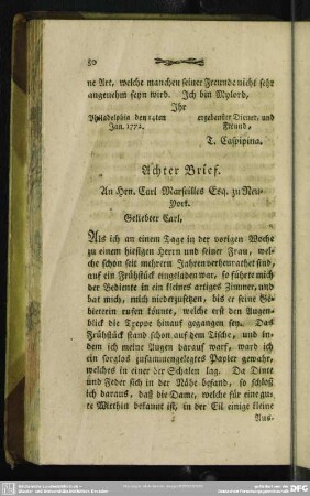 Achter Brief. An Hrn. Carl Marseilles Esq. zu Neu-York
