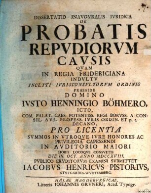 Dissertatio Inavgvralis Ivridica De Probatis Repvdiorvm Cavsis