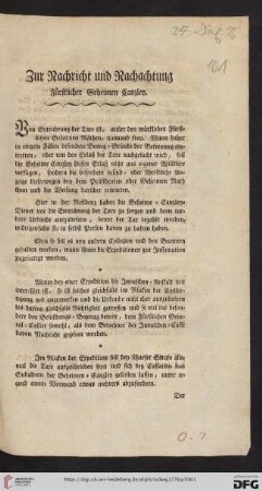 Zur Nachricht und Nachachtung Fürstlicher Geheimen Canzley
