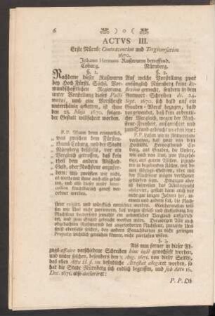 Actus III. Erste Nürnb: Contravention und Tergiversation 1670. Johann Hermann Rußwurm betreffend.