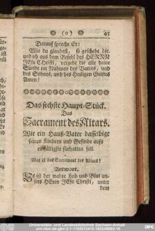 Das sechste Haupt-Stück. Das Sacrament des Altars.