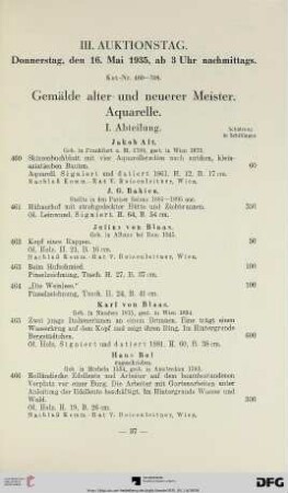 III. Auktionstag. Donnerstag, den 16. Mai 1935, ab 3 Uhr nachmittags (Nr. 460-708)