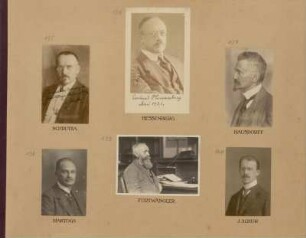 Bl. 28: Fotografien der Mathematiker Lothar Schrutka von Rechtenstamm, Gerhard Hessenberg, Felix Hausdorff, Friedrich Hartogs, Philipp Furtwängler und Issai Schur, 1920 - 1922