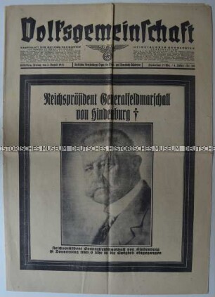 Tageszeitung "Volksgemeinschaft" mit Leitartikel zum Tod Paul von Hindenburgs